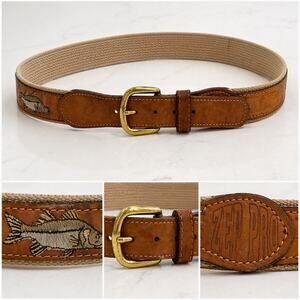 Vintage Zep-Pro Size 36 Fish Embroidered Canvas Leather Belt Brass Buckle Preppy